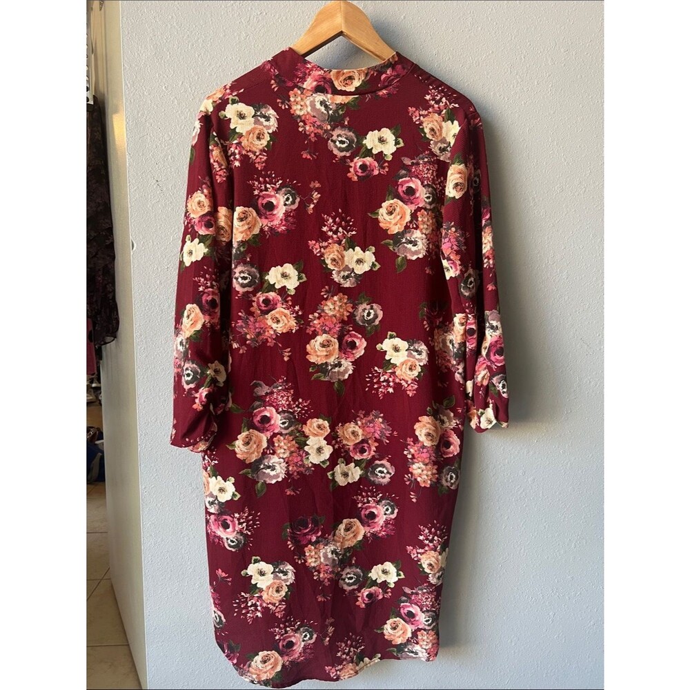 Women's Burgundy Floral Lace-Up Long Sleeve Dress - Picture 5 of 6